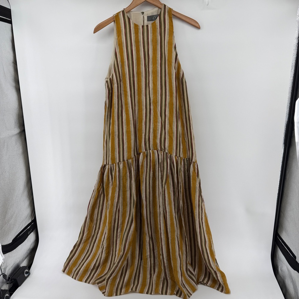 Primark Womens Striped Sleeveless Tiered Maxi Dress Yellow Green Size 8 flowy